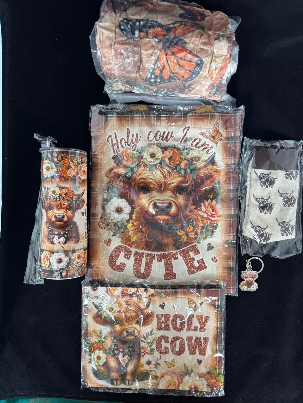 Cute Floral Highland Cow Tote & Accessories Set